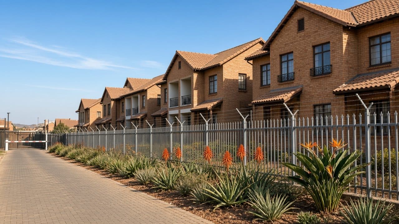 A South African townhouse complex with face brick, palisade fencing, and a boom gate.