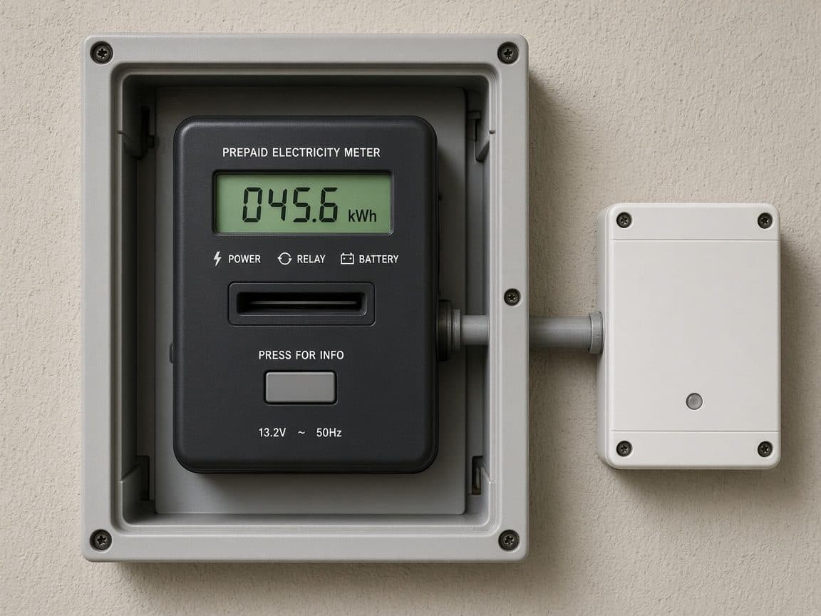 An electrical meter in a wall box with a remote reader beside it.