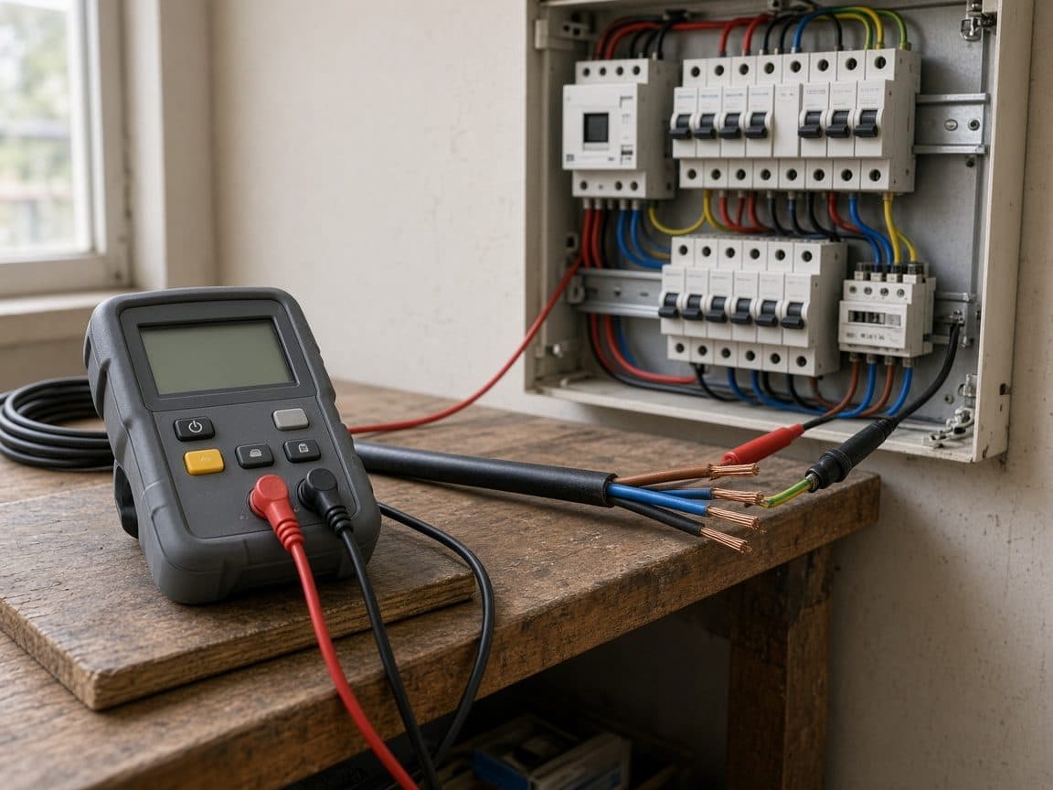 An insulation tester connected to an electrical cable.